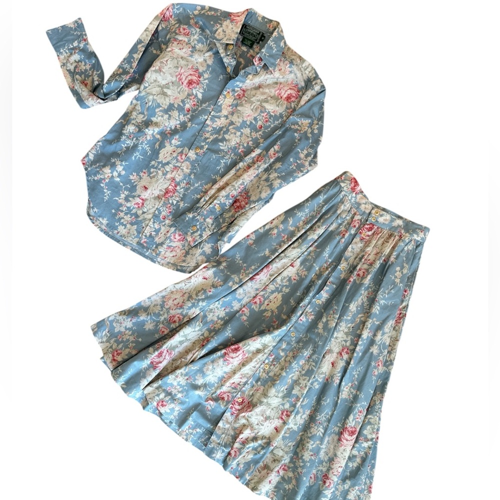 Vintage Ralph Lauren Country Blue Floral Shirt Skirt Set S 4 Cotton Linen RARE